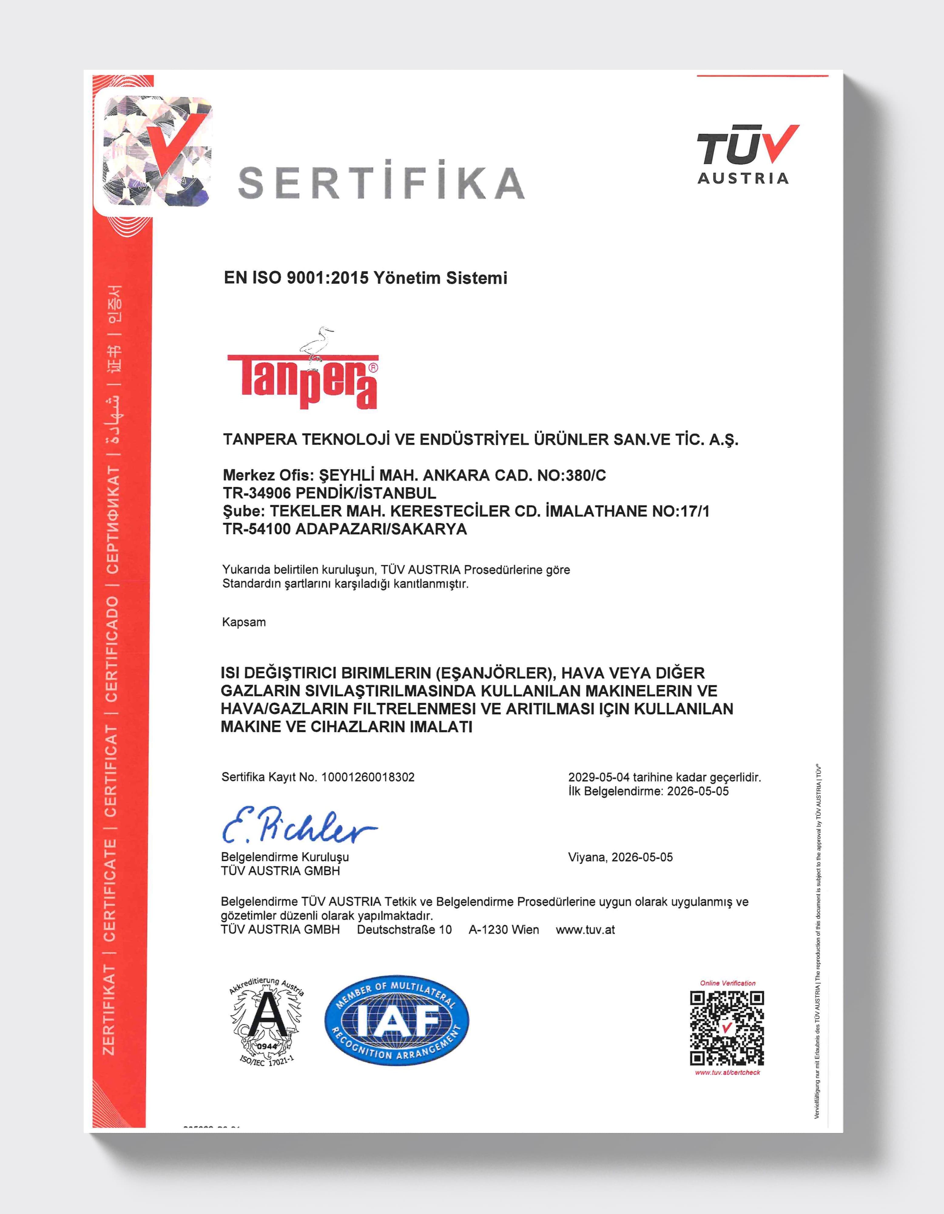 ISO 9001:2015 — Sakarya & Pendik Facilities