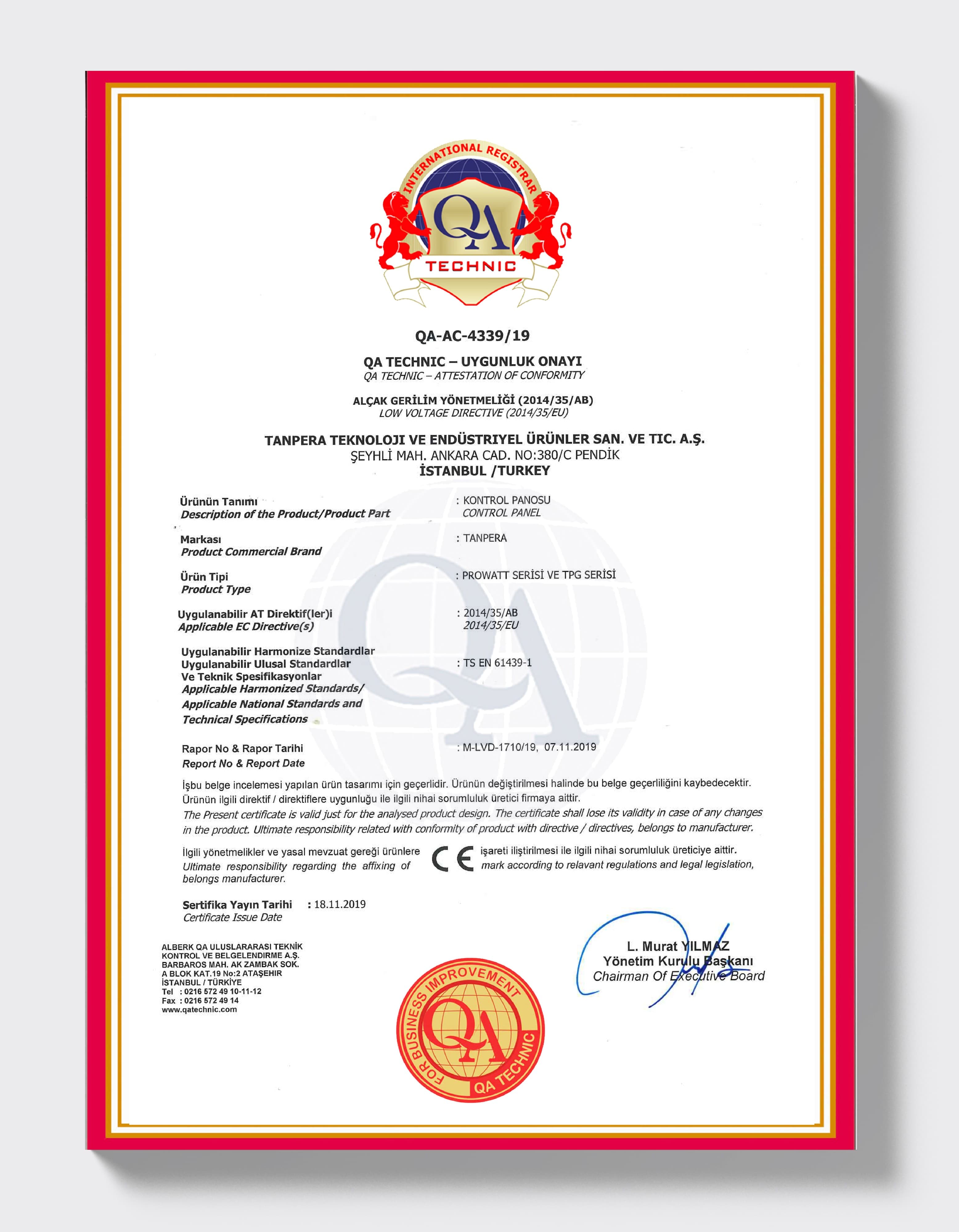 Low Voltage Conformity — Control Panel (2014/35/EU)